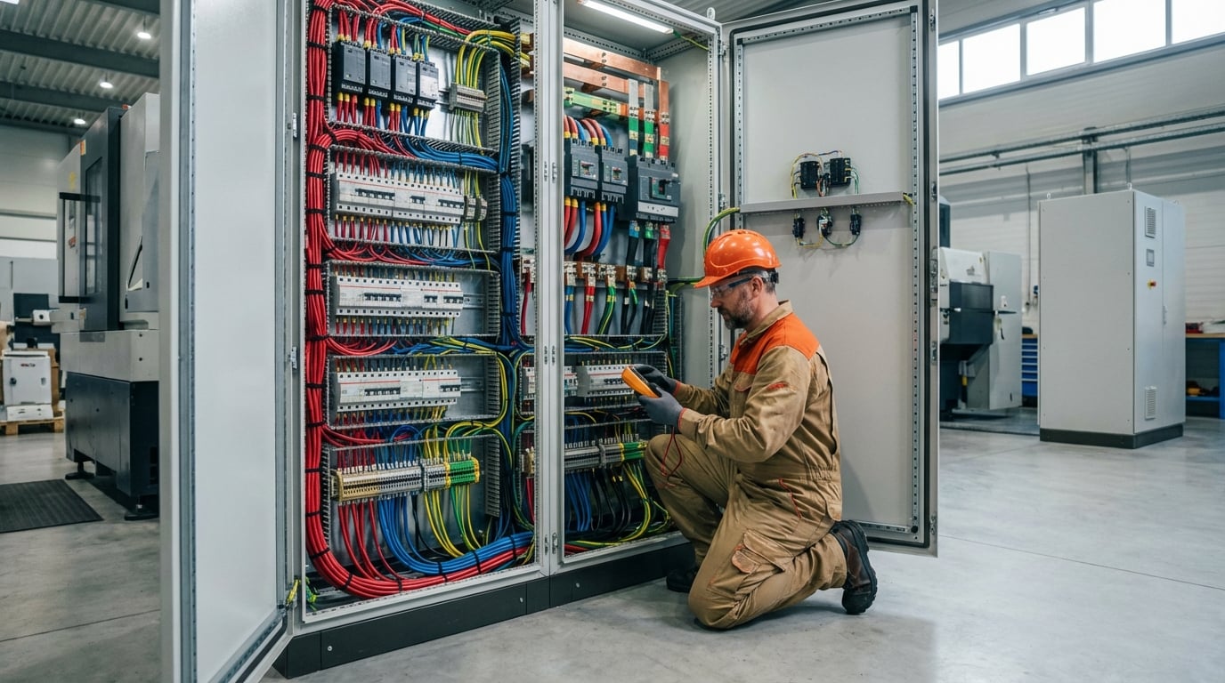 Electrician working in large industrial electrical cabinet