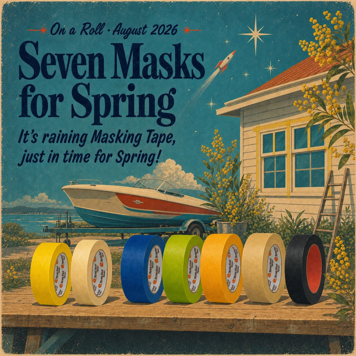 Seven Masks for Spring, featuring seven coloured masking tape rolls in an Australian spring scene