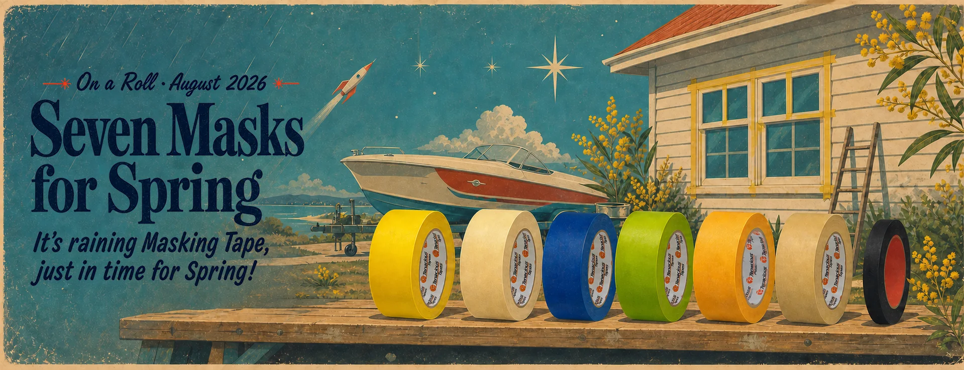 Seven masking tapes on a workbench in an Australian spring scene