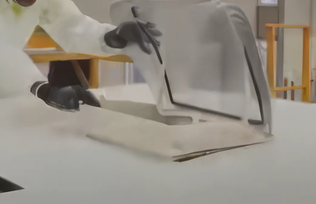 Gloved hands laying a white membrane panel over a roof opening