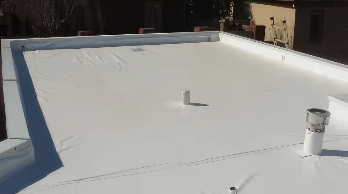 Exposed white waterproofing membrane on a flat roof